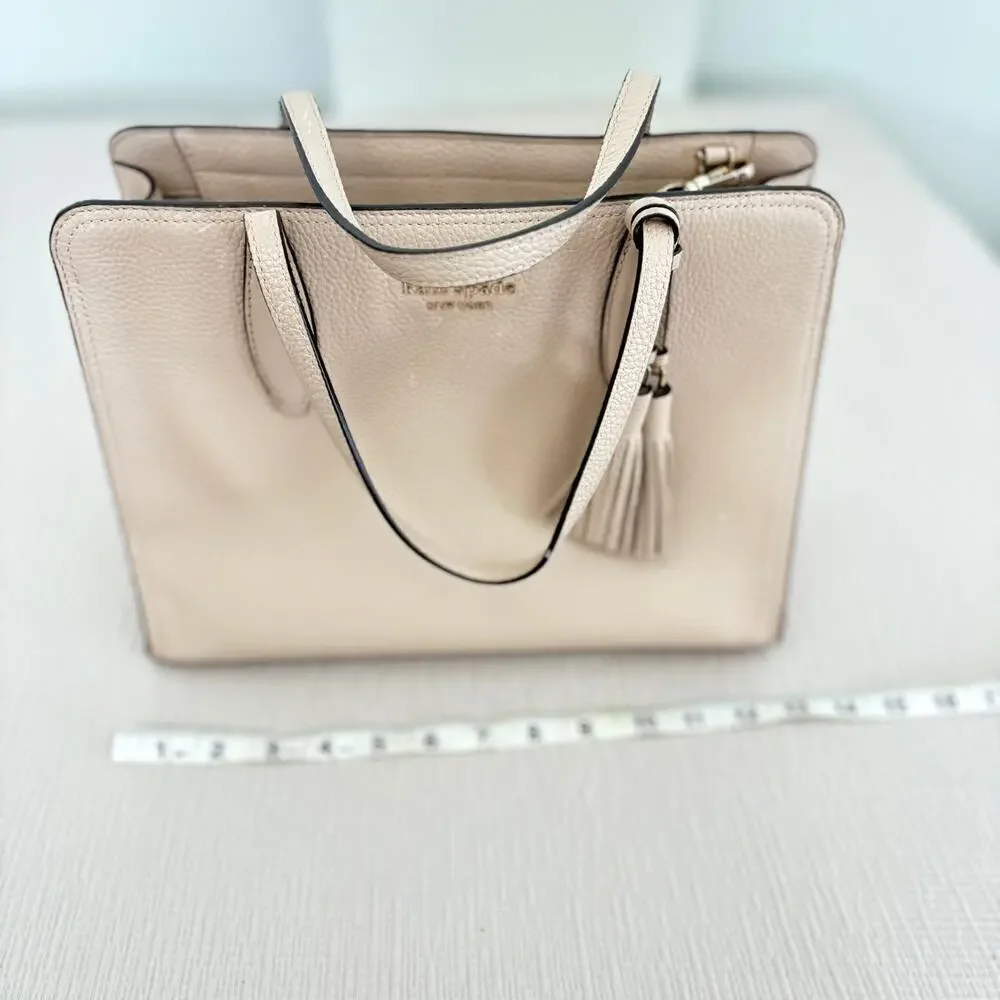 Kate Spade New York Pebbled Leather Tassel Tote Bag Beige Neutral Work Satchel